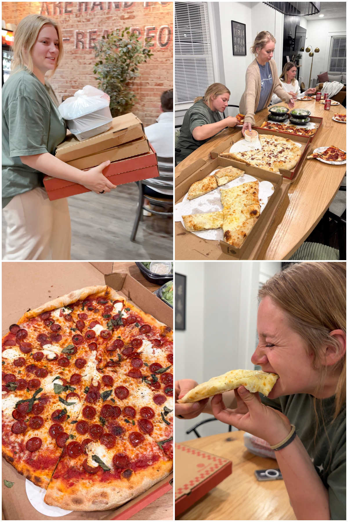 four images showing women eating pizza