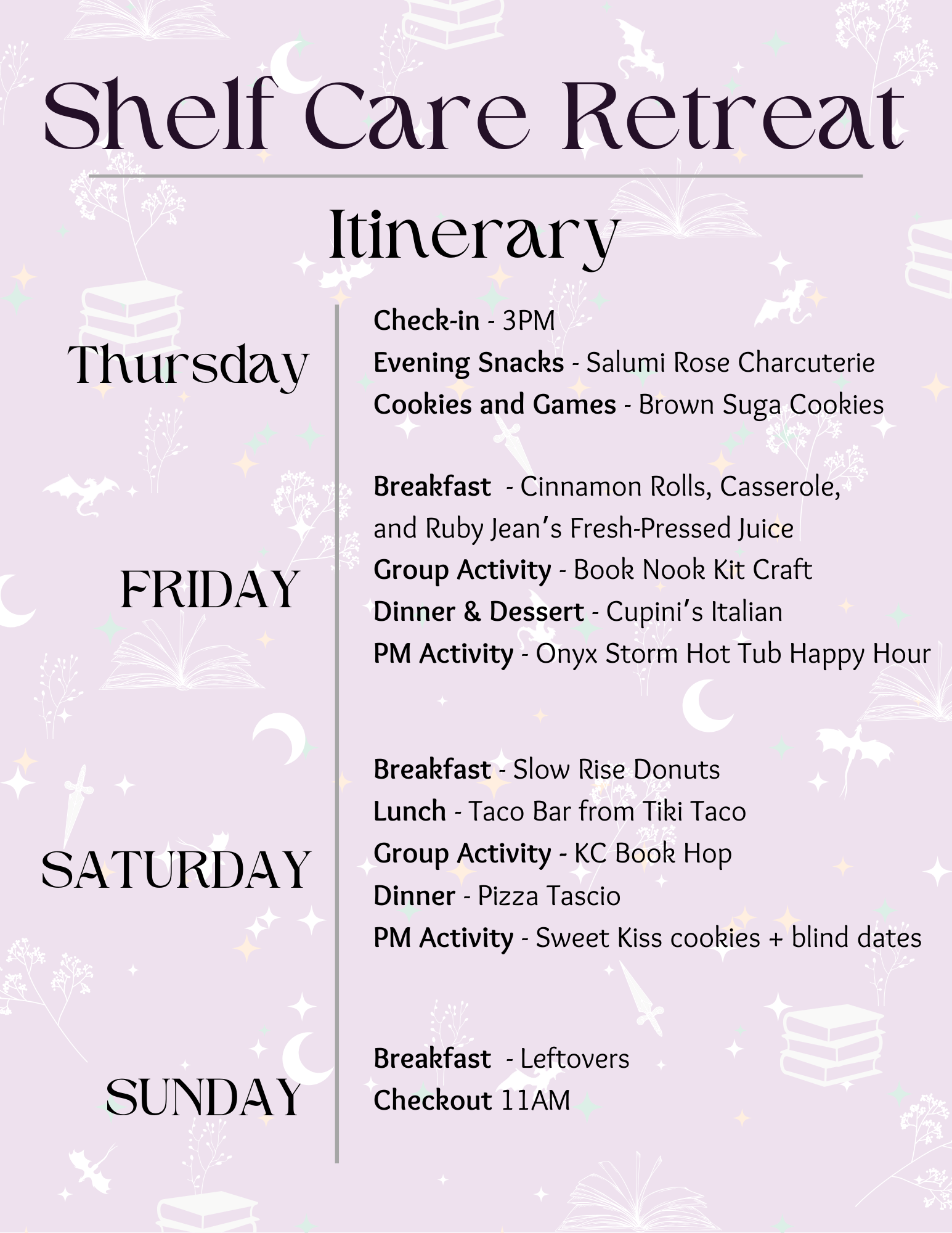 Reading retreat agenda with meals and activities on it