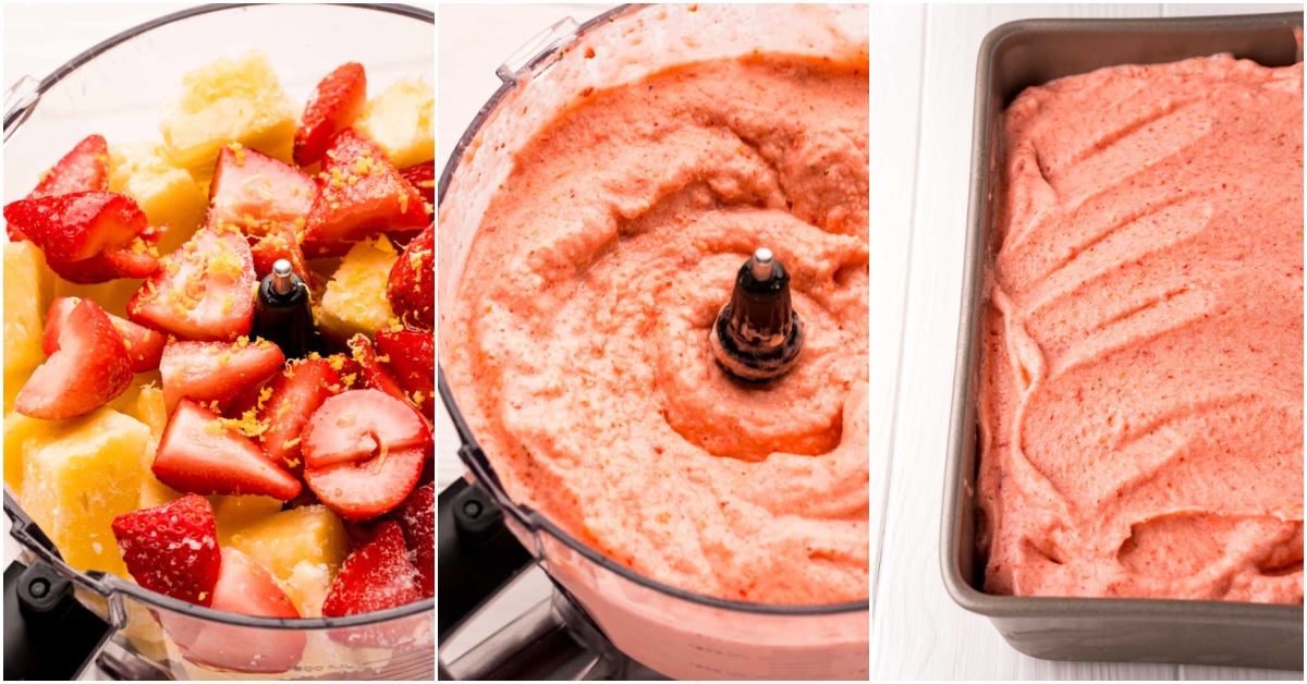 collage of three images showing making strawberry lemon sorbet