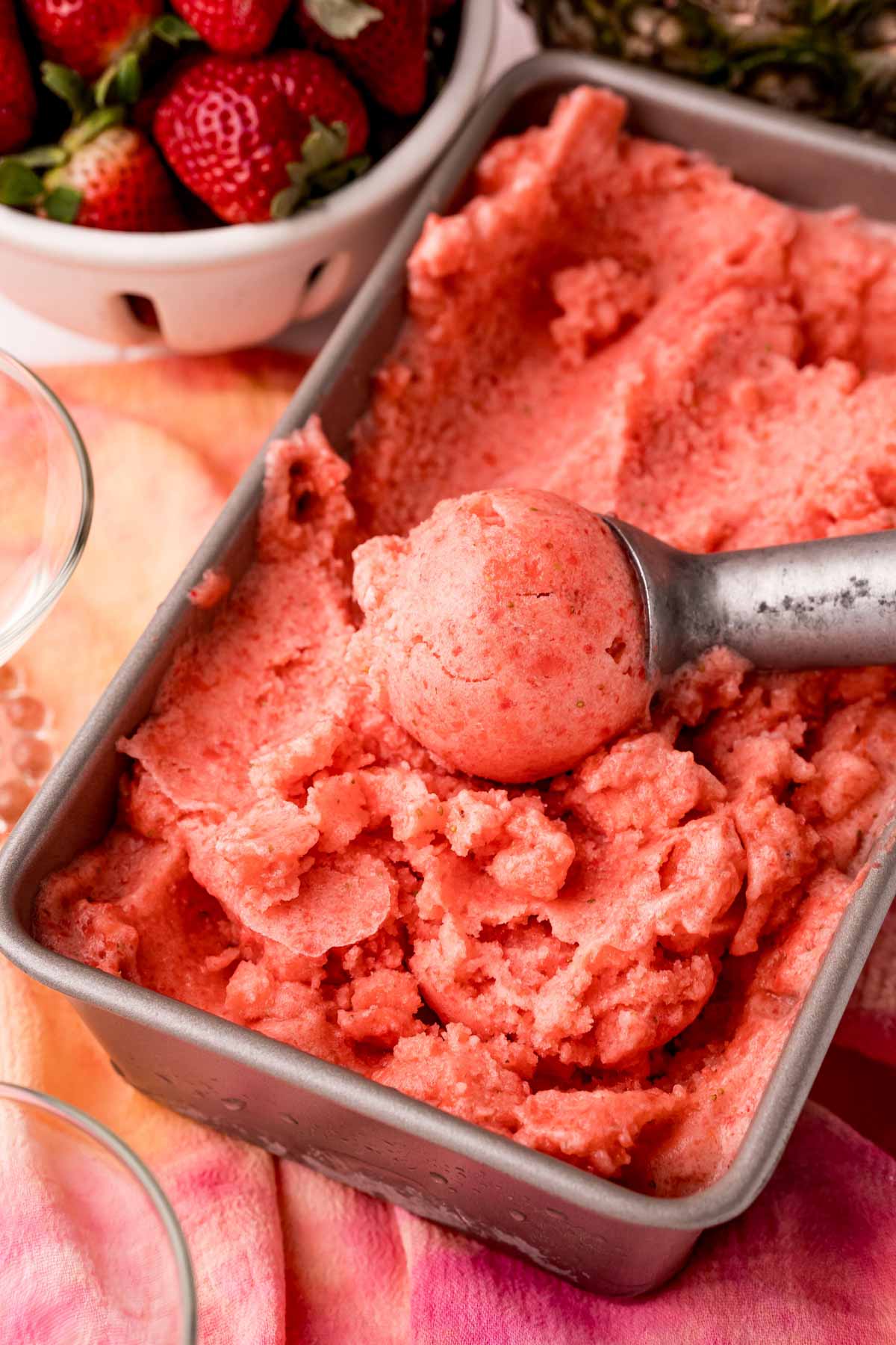 metal cake pan with strawberry lemonade sorbet