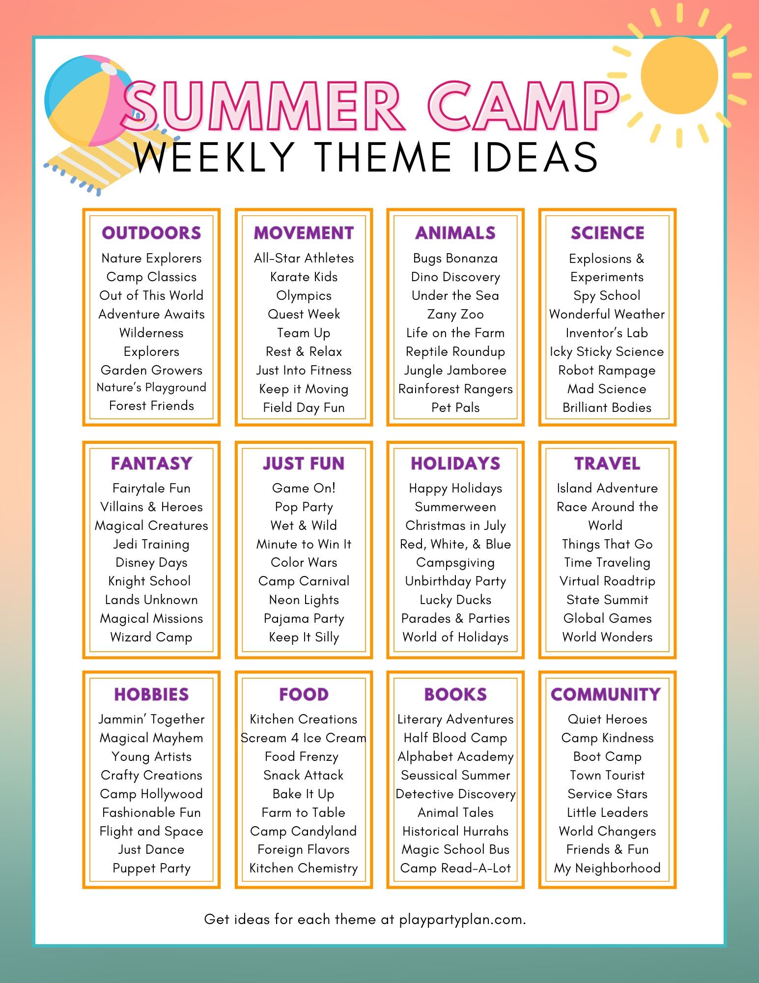 printable with a list of summer camp themes