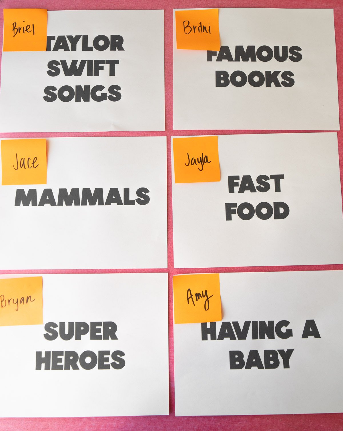six white pieces of paper with orange post-it notes with names written on them