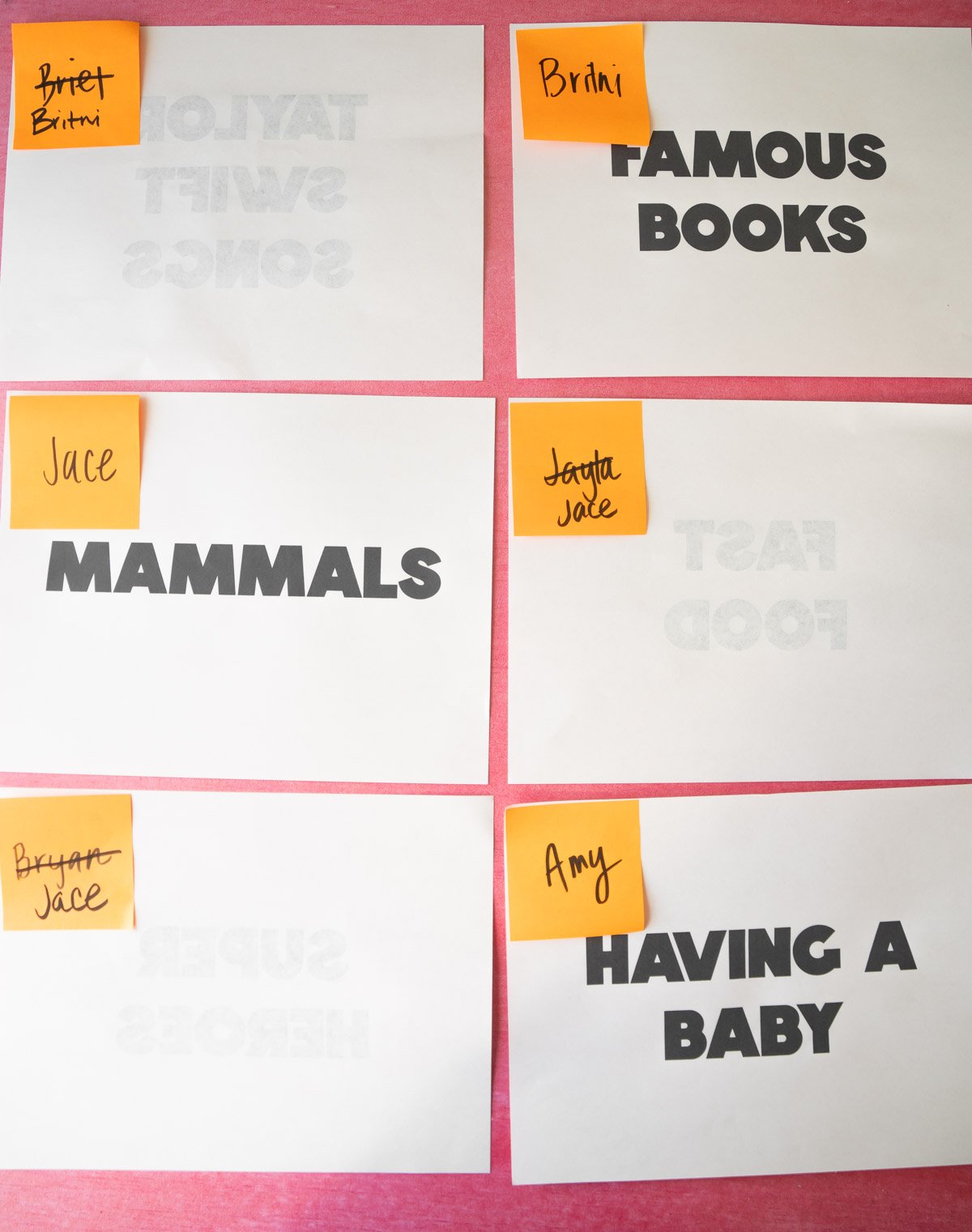 six white pieces of paper with orange post-it notes with names written on them