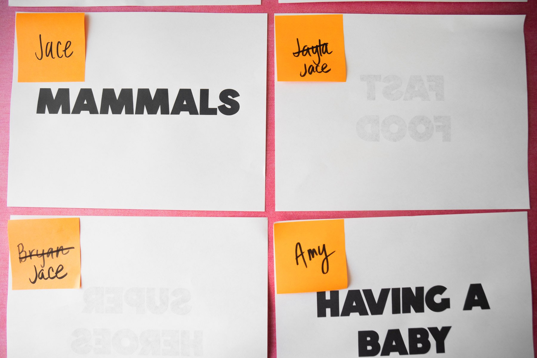 six white pieces of paper with orange post-it notes with names written on them