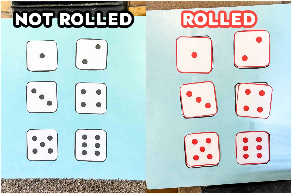 collage showing a board with black dice icons and a board with red dice icons
