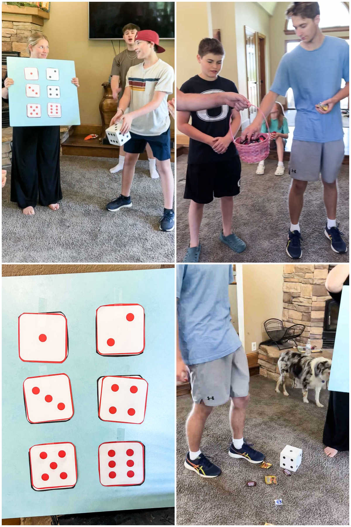 four images showing teens playing a dice game with red dice