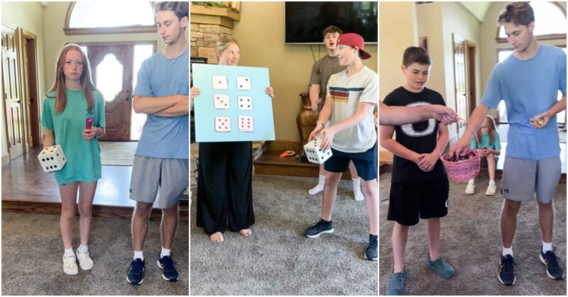 Three images in a collage showing how to play a double down dice game