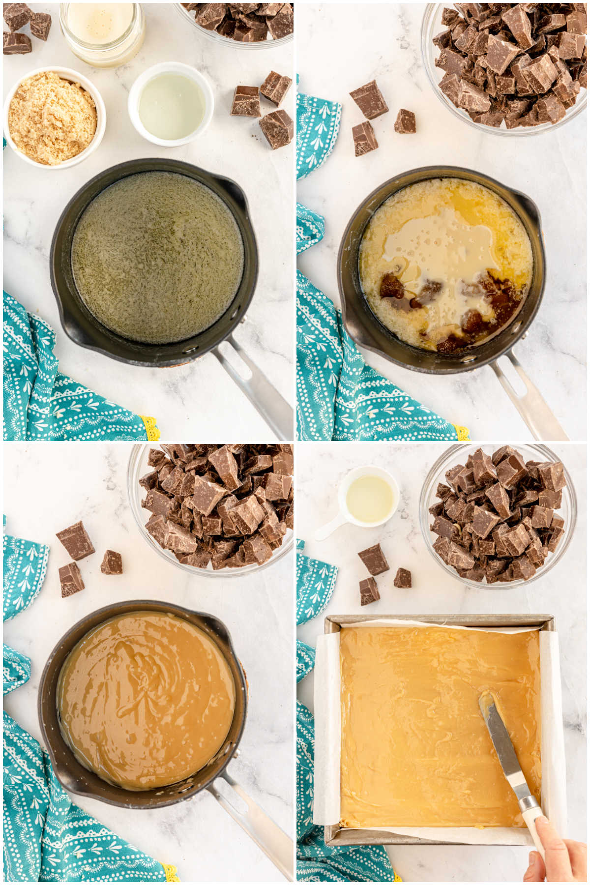 four images showing making caramel sauce for homemade twix bars