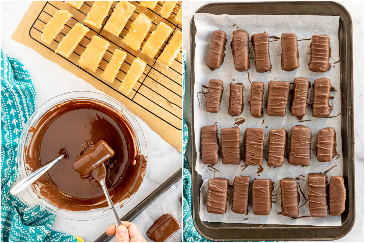dipping homemade Twix bars in a pot of chocolate