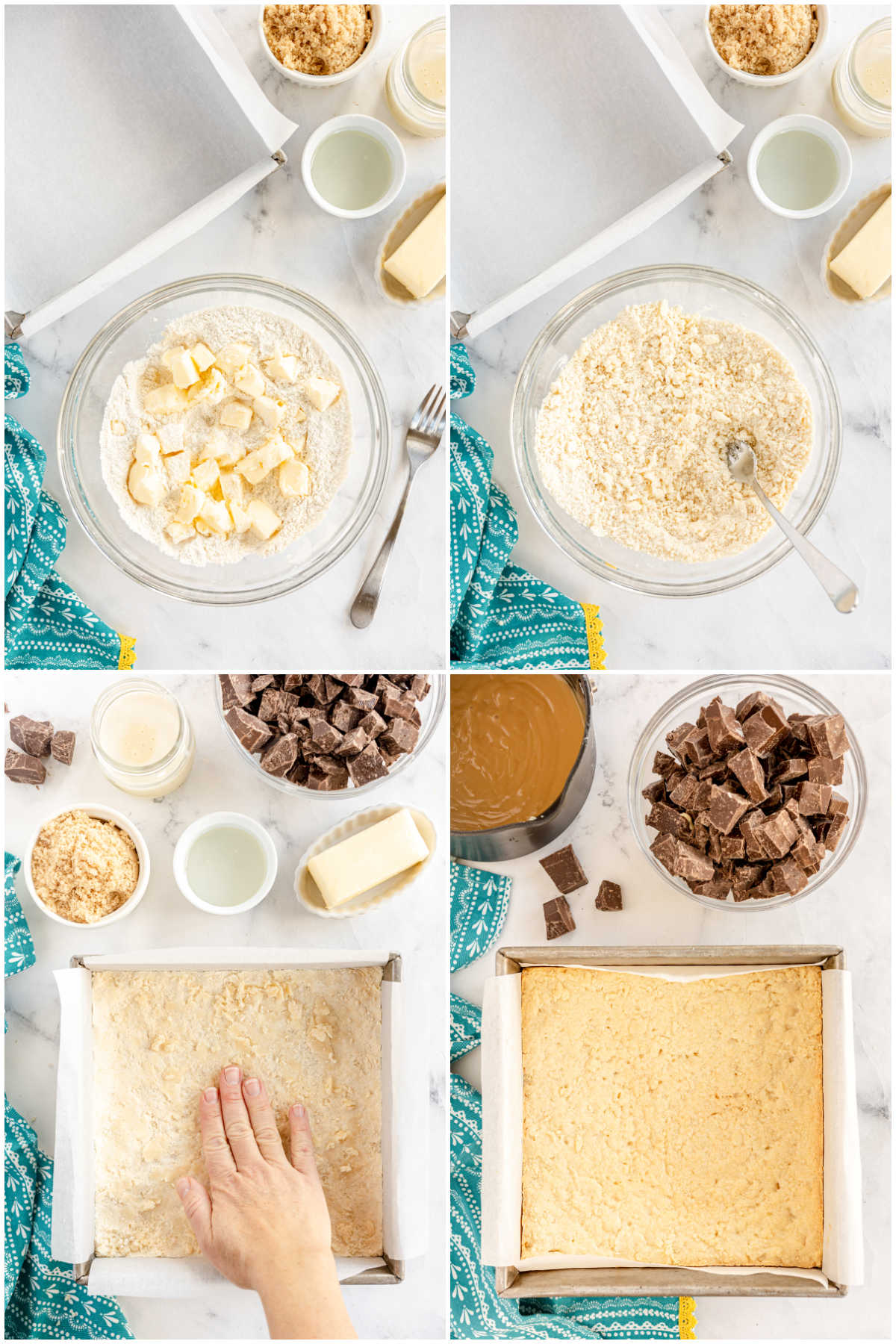 four images showing how to make homemade twix bars