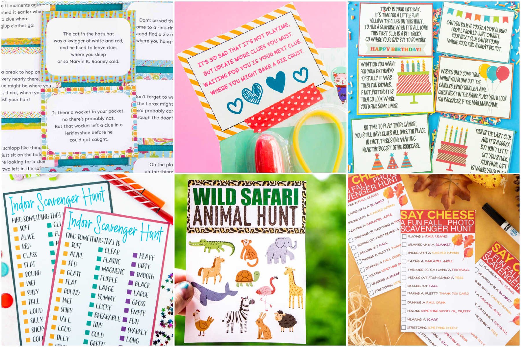 a collage of six images showing different printed out scavenger hunts