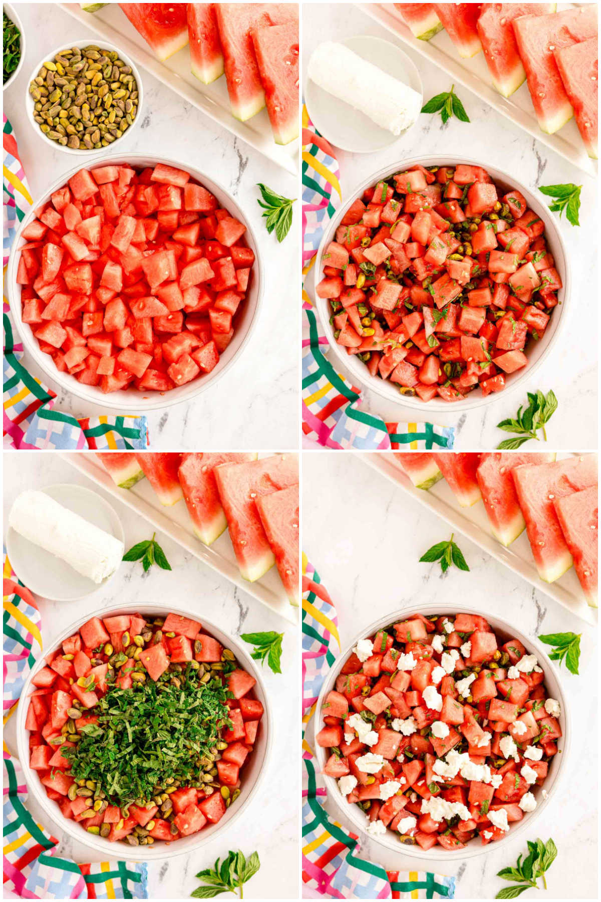 four image collage showing adding ingredients to a watermelon mint salad