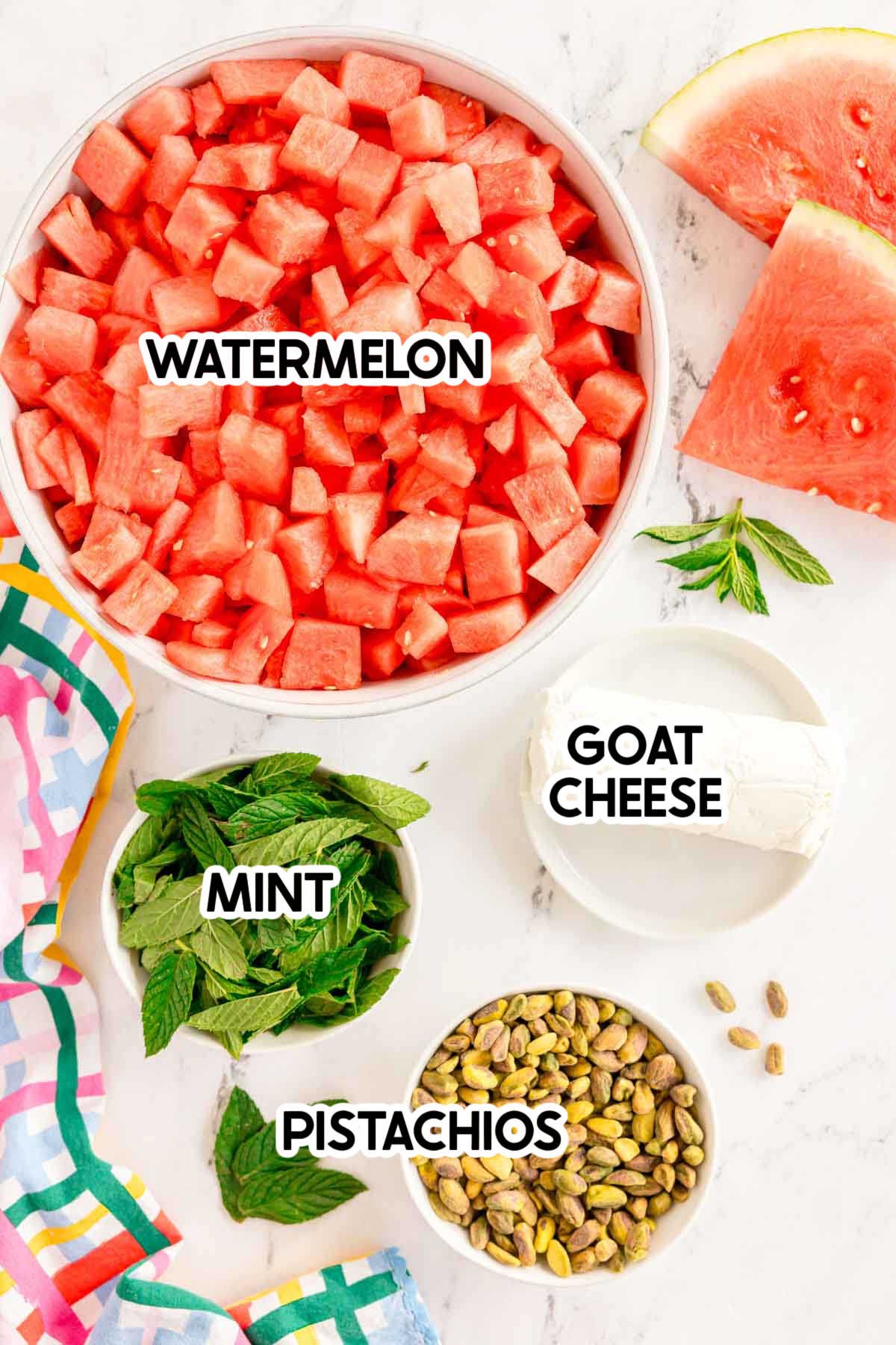 ingredients in watermelon mint salad with labels