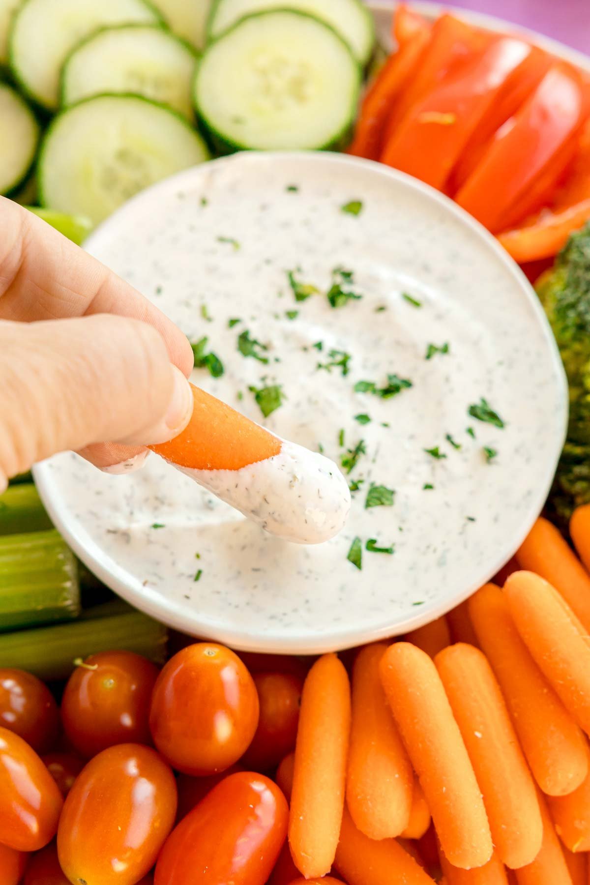 hand dipping a carrot into Greek yogurt veggie dip