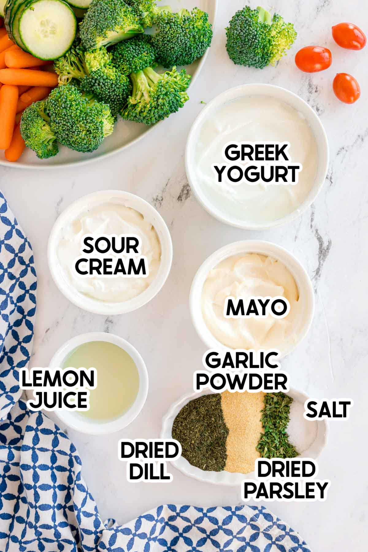 ingredients in a yogurt veggie dip with labels