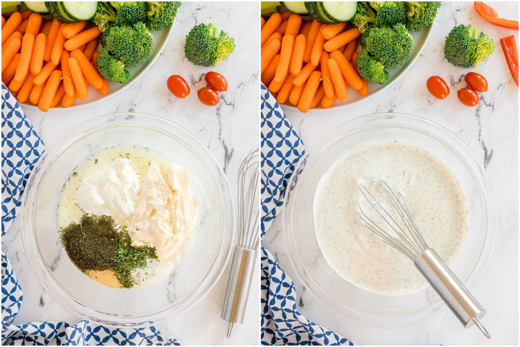 two images showing veggie dip ingredients in a bowl