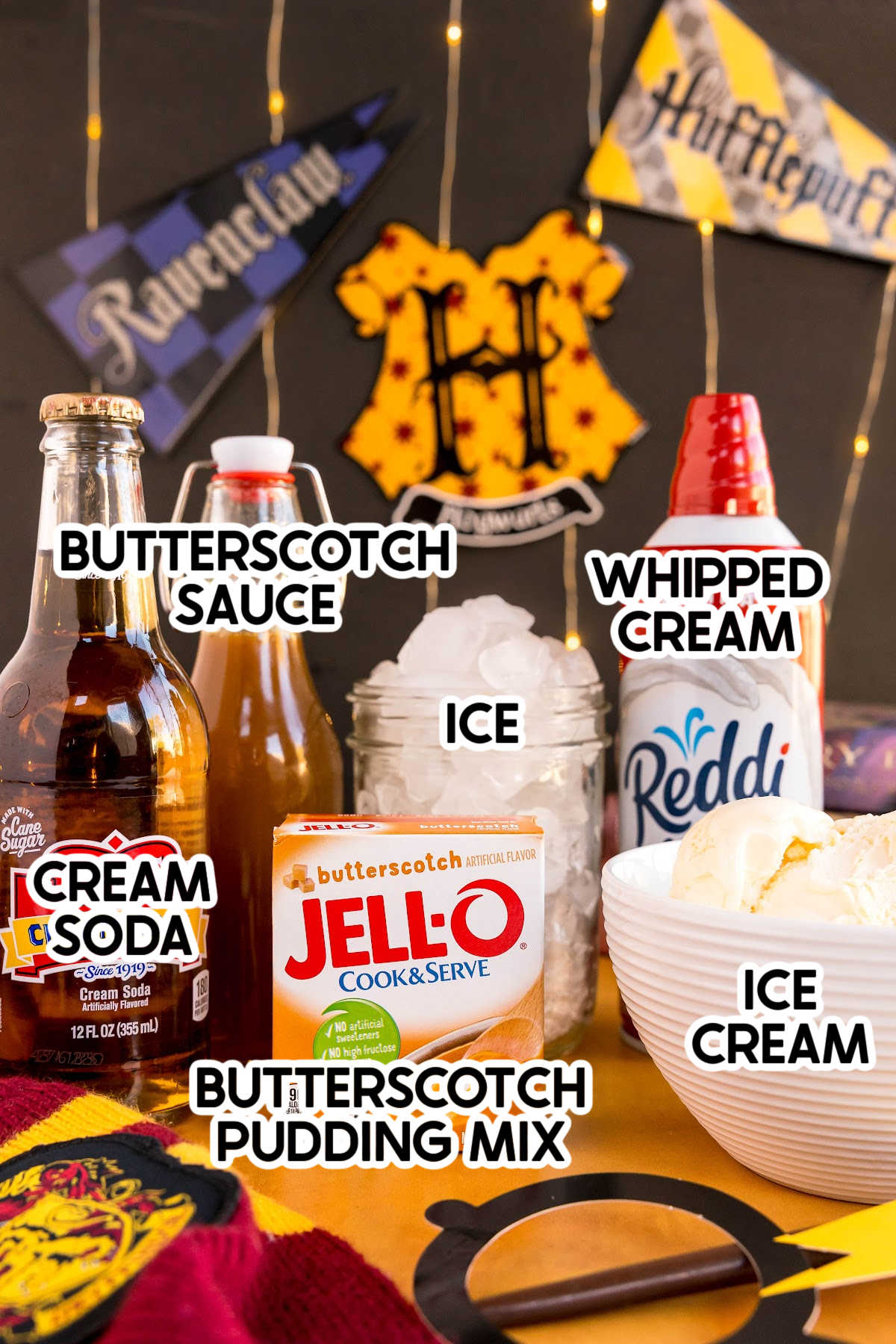ingredients in homemade frozen butterbeer with labels