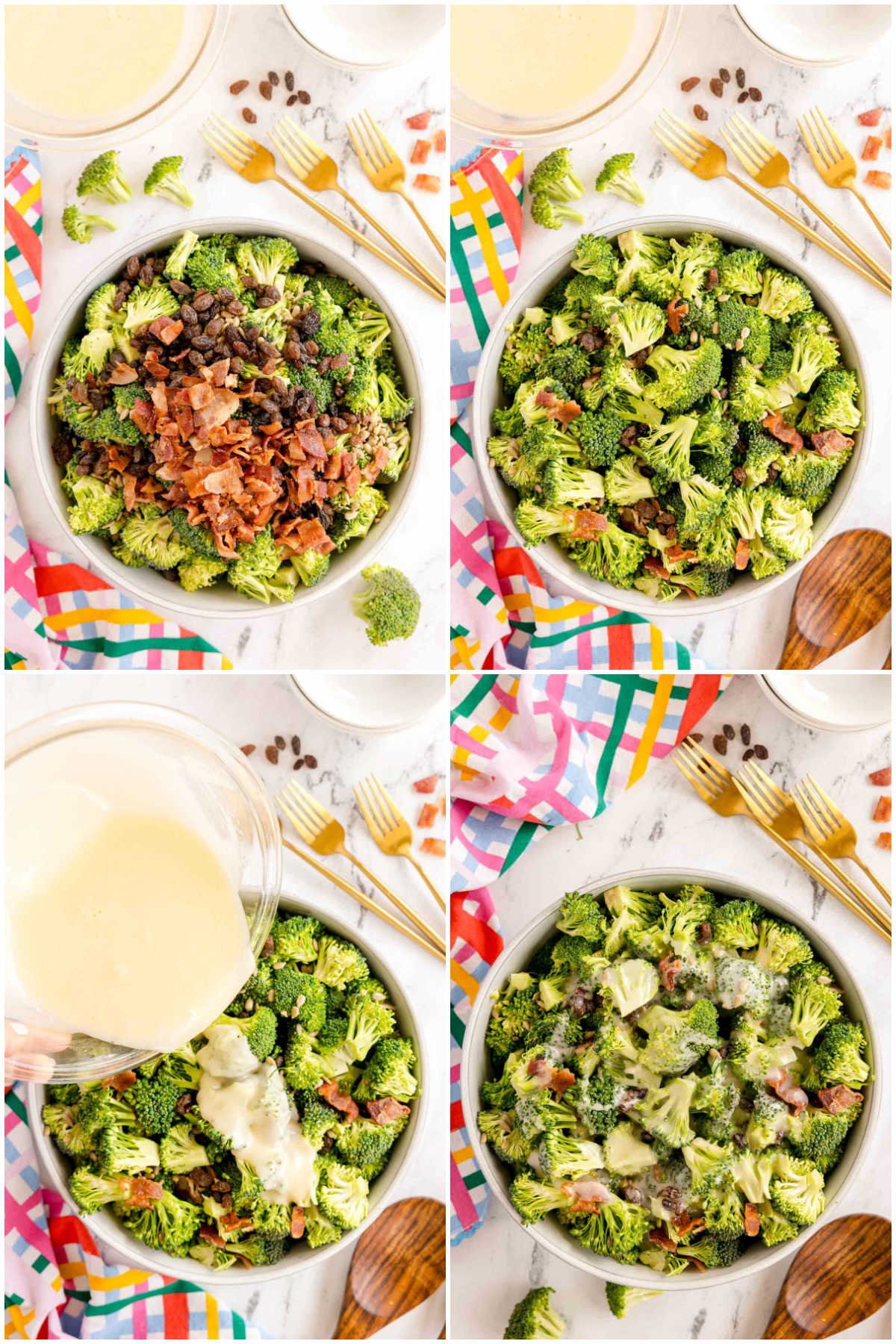 four image collage showing making a broccoli raisin salad in a white bowl