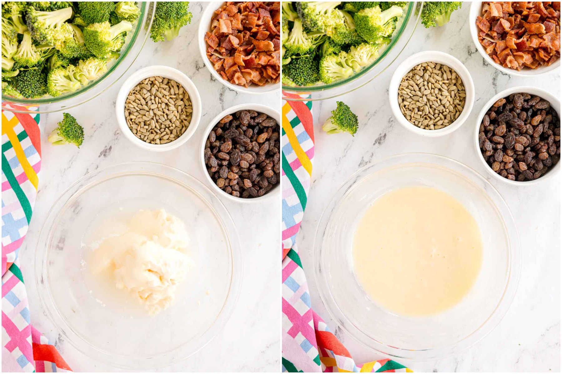 Two pictures with glass bowls showing making a mayonnaise based dressing