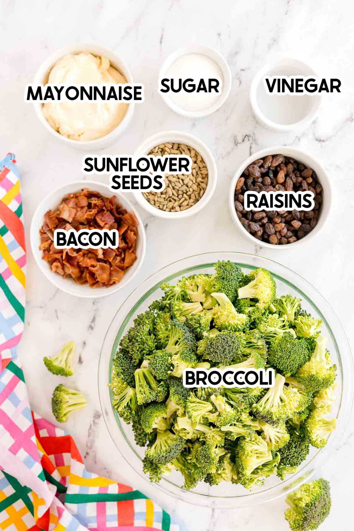 ingredients in broccoli raisin salad with labels