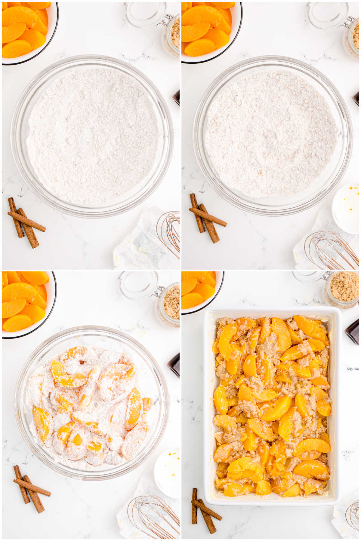 four images in a collage showing how to make peach cobbler
