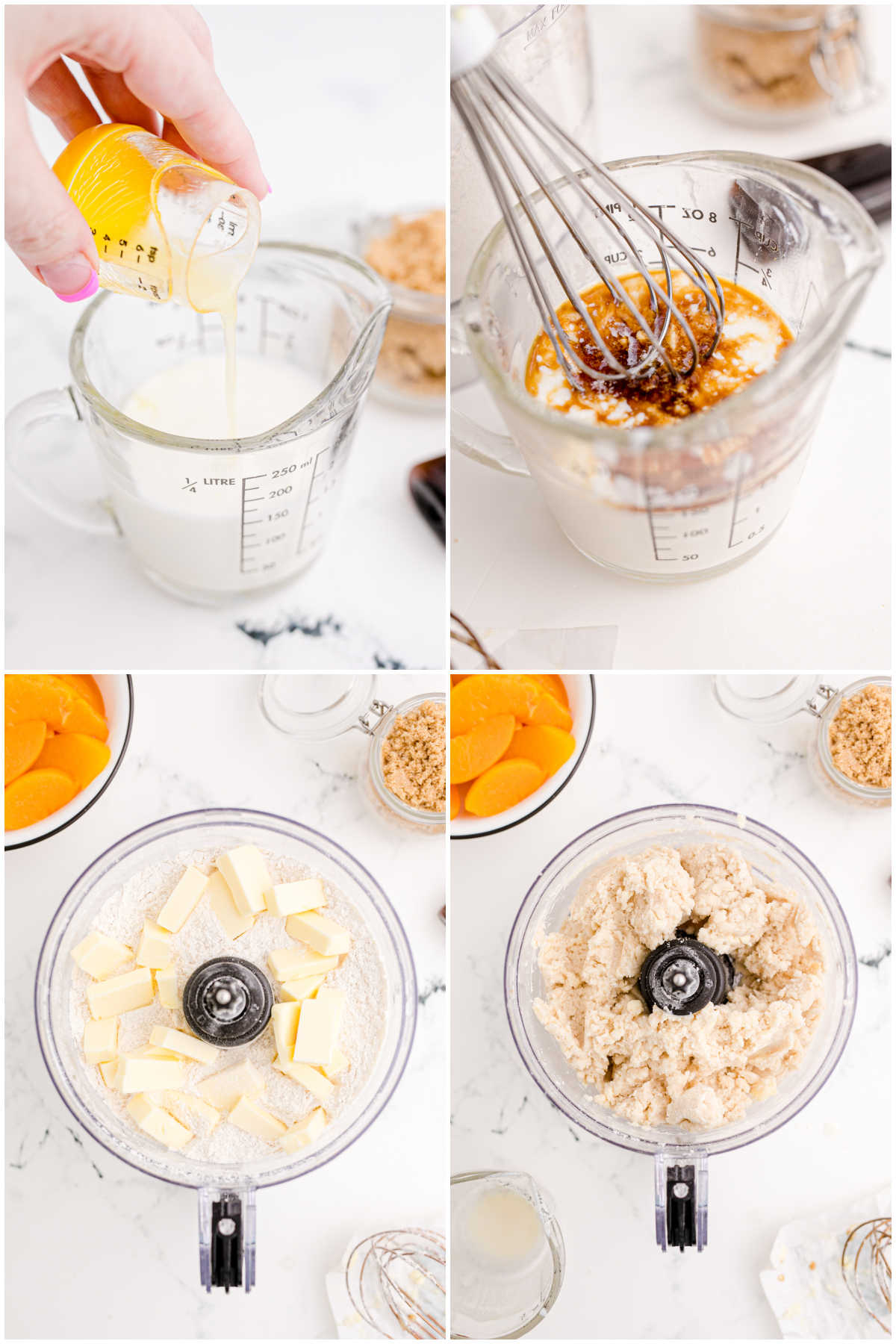 four images showing the making of a cobbler topping for a peach cobbler