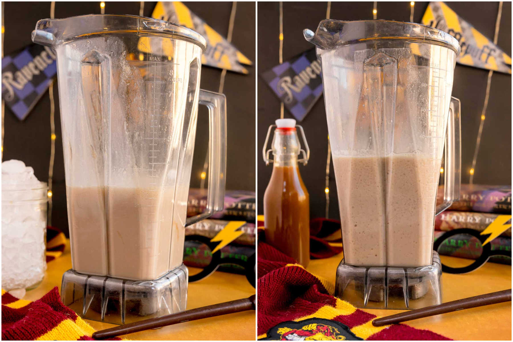 two images showing frozen butterbeer in a blender