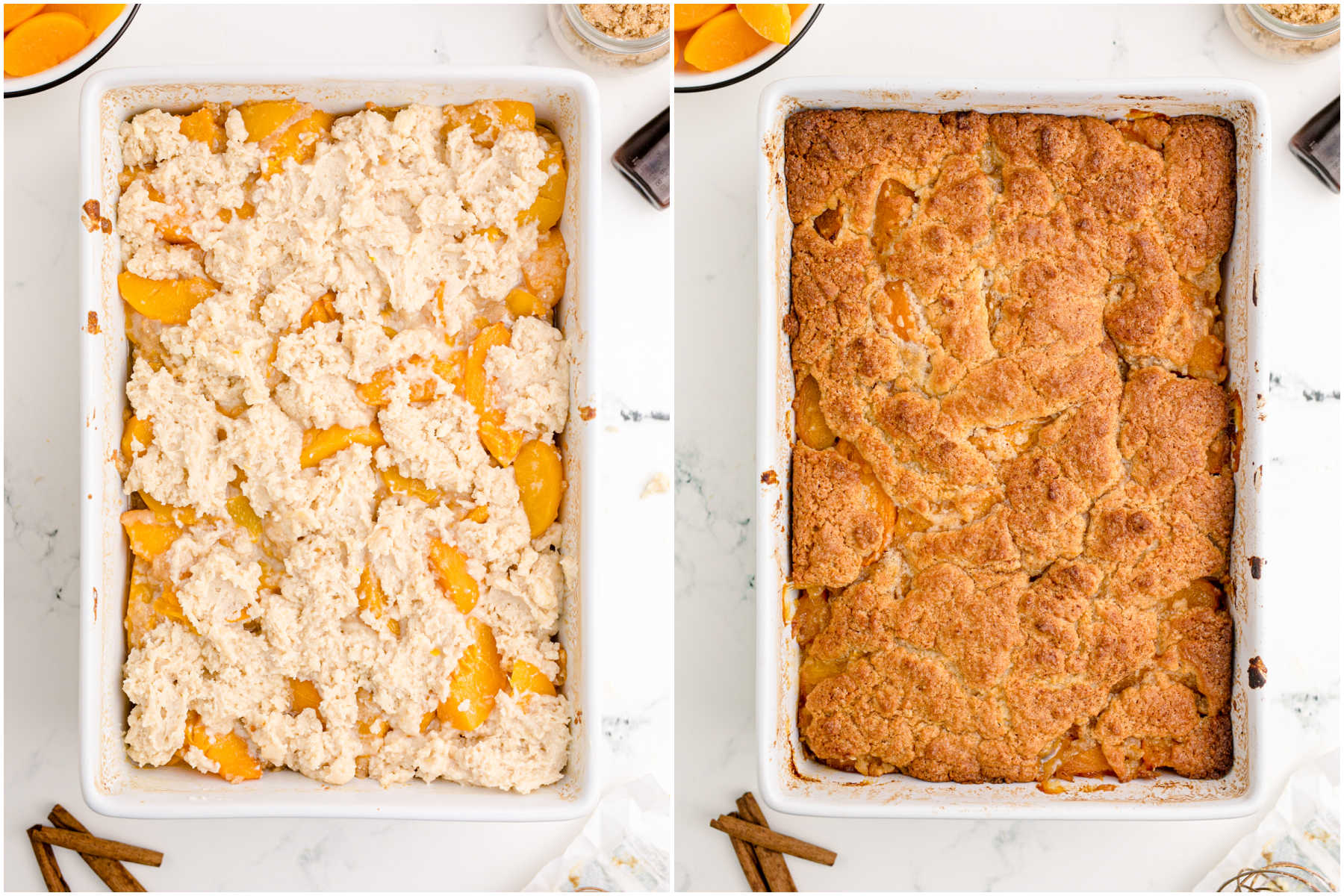 unbaked peach cobbler in a collage with a baked peach cobbler