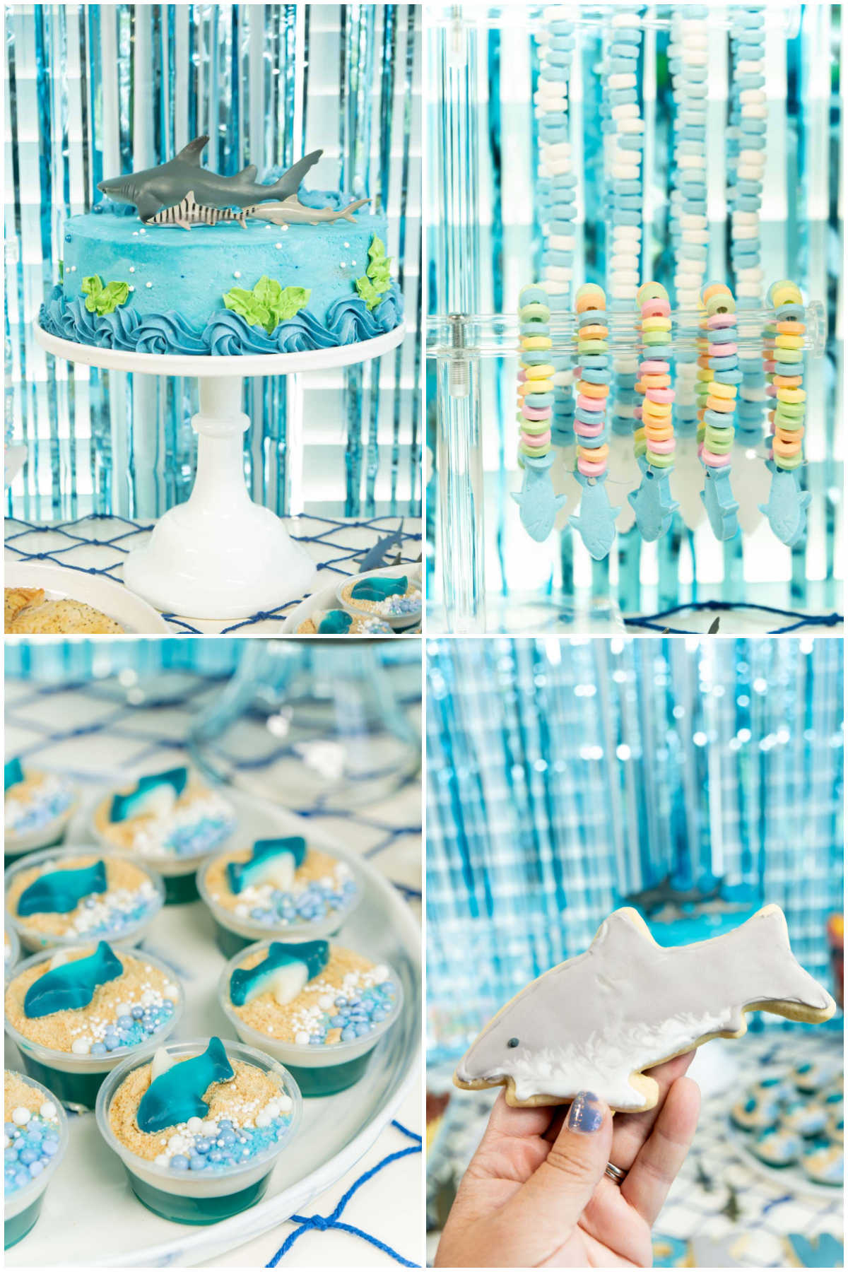 four images showing shark party food ideas