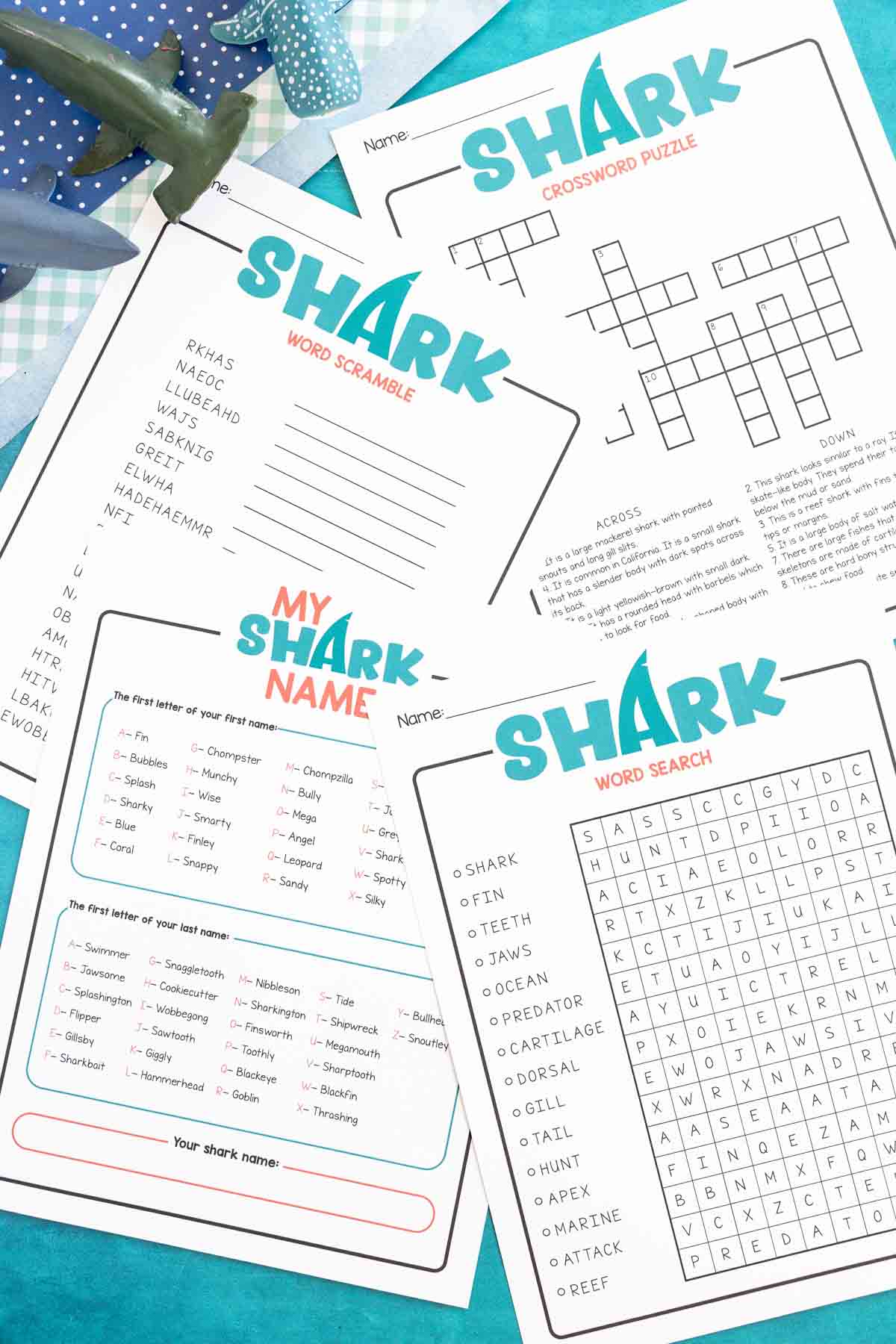 four printable shark activities stacked on top of each other