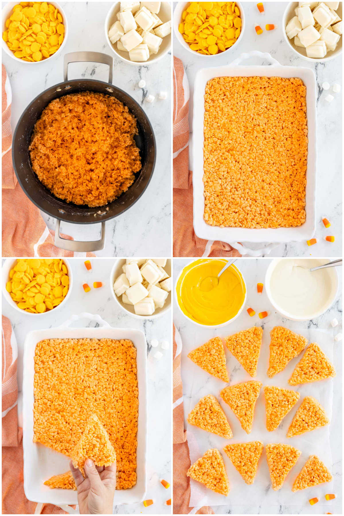 four images showing making orange triangle rice krispy treats