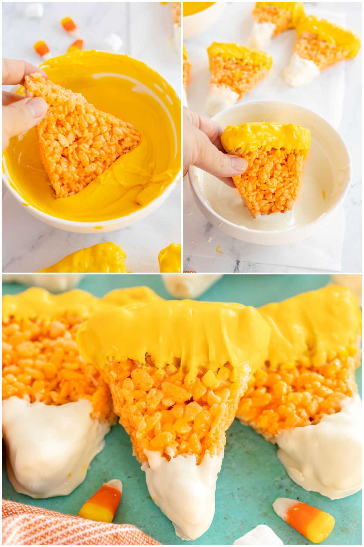 collage showing three different steps of making candy corn rice krispies treats
