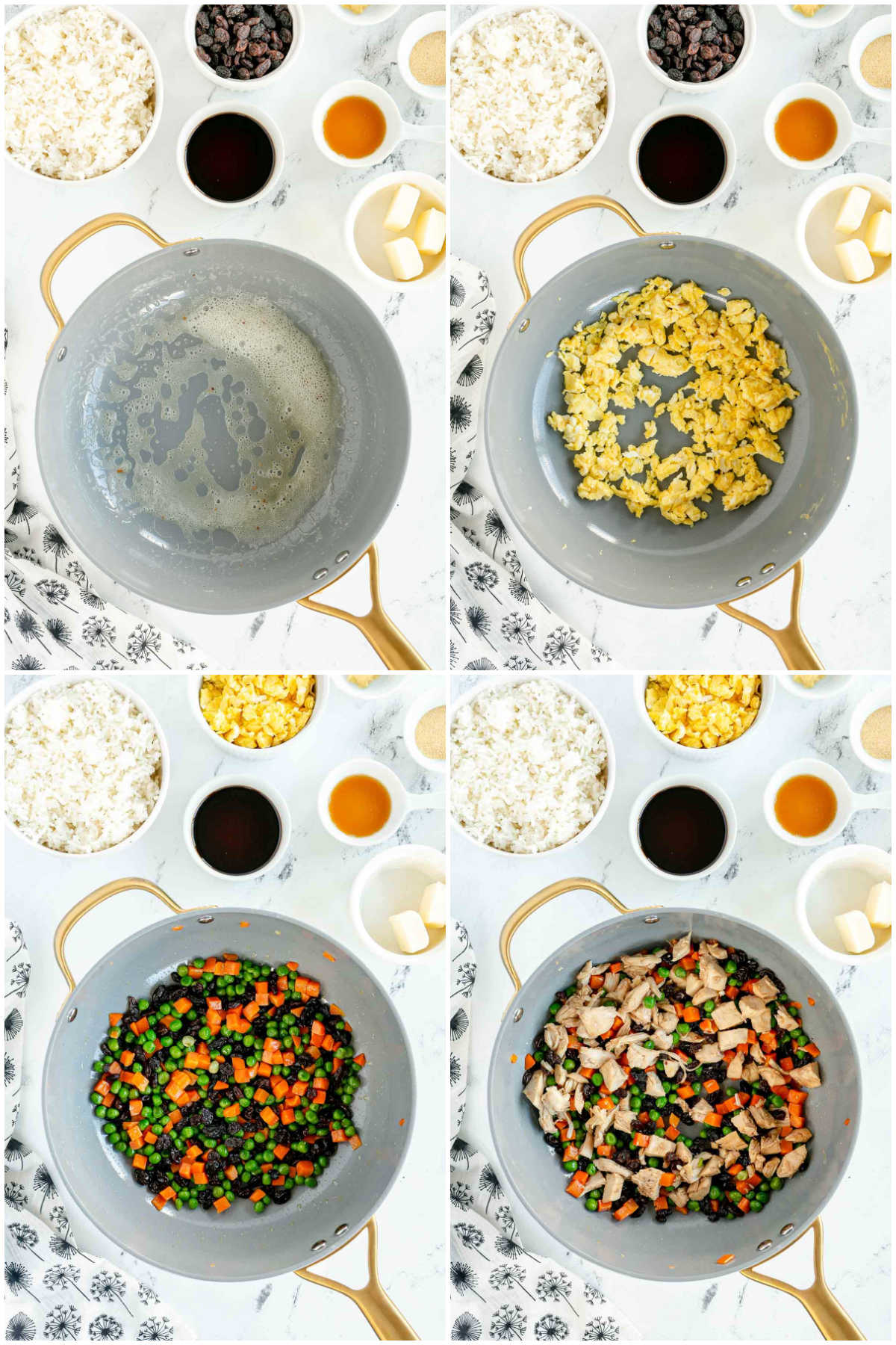 four image collage showing melting butter, scrambling eggs, and cooking veggies