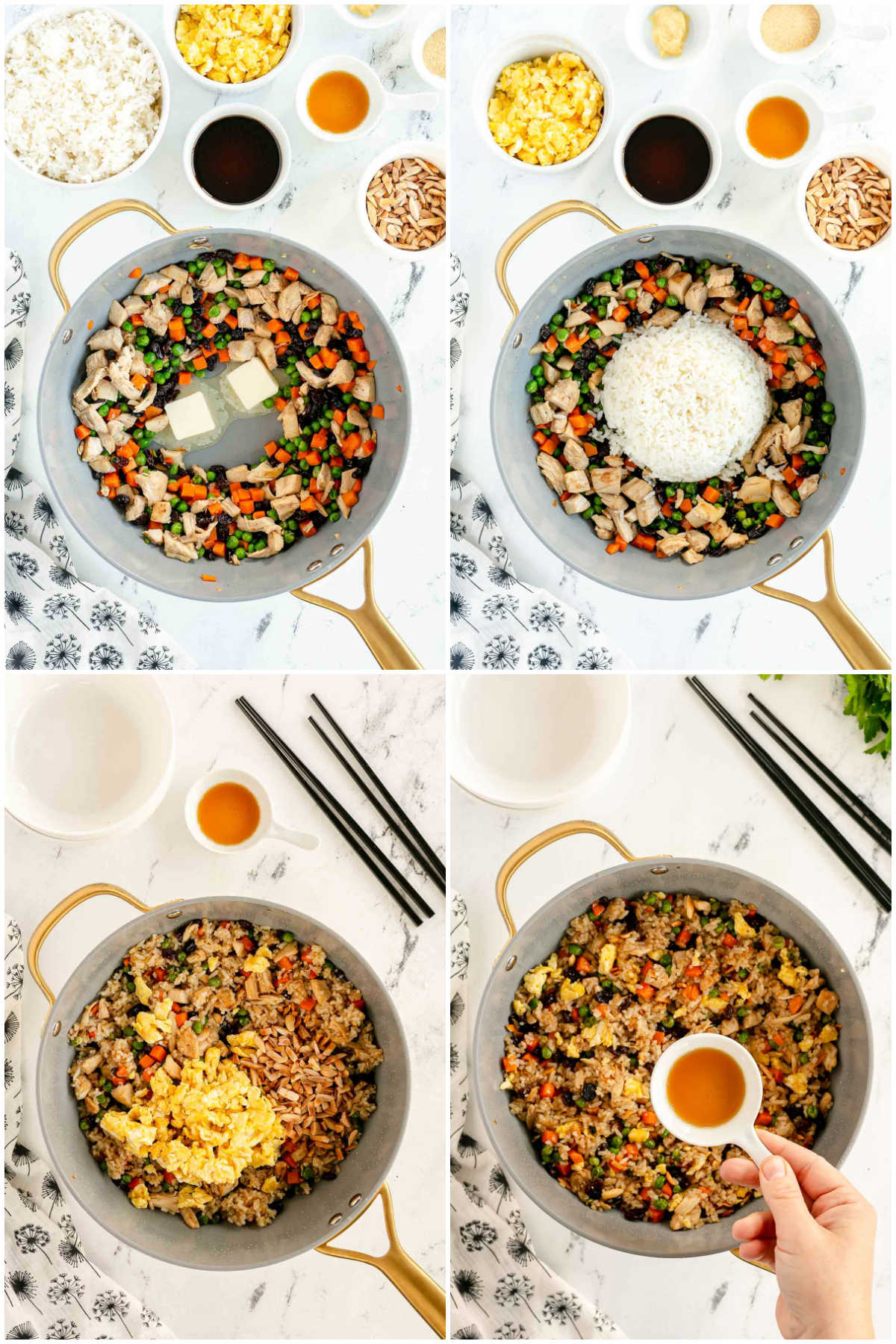 four images showing cooking chicken fried rice in a wok