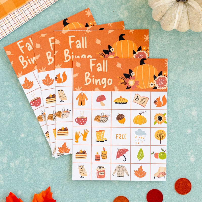 four fall bingo cards stacked on top of each other