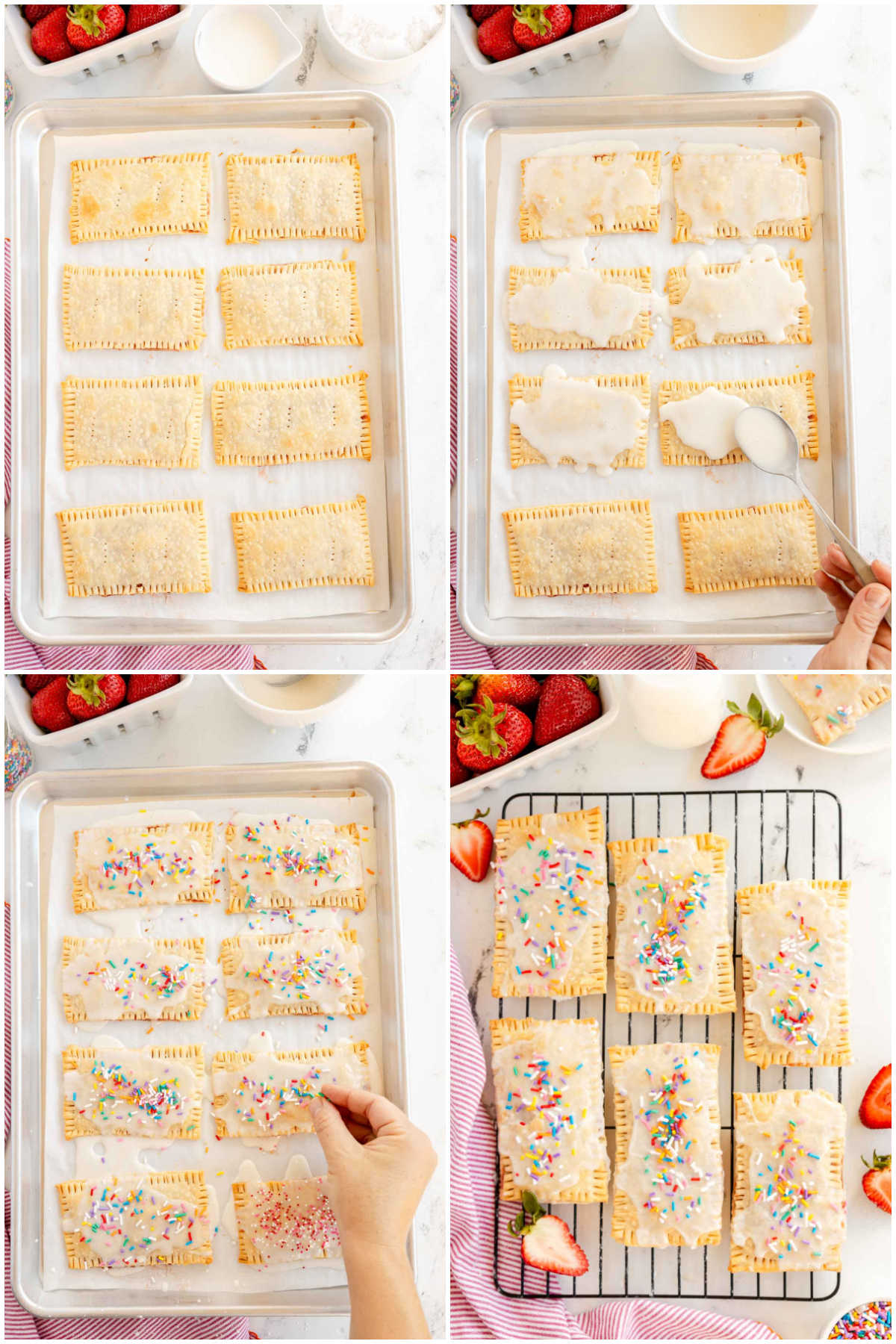 Four images showing homemade pop tarts being iced and sprinkled