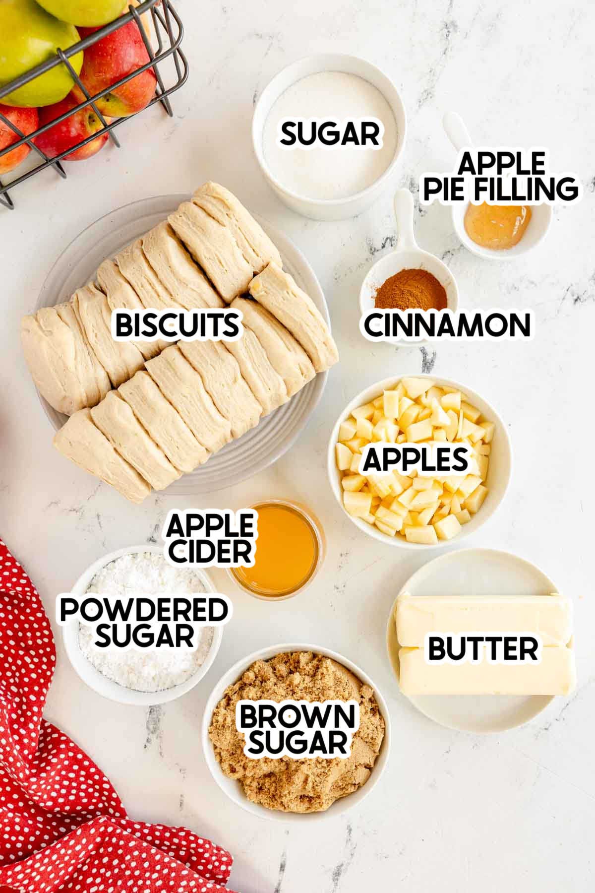ingredients in apple monkey bread with labels