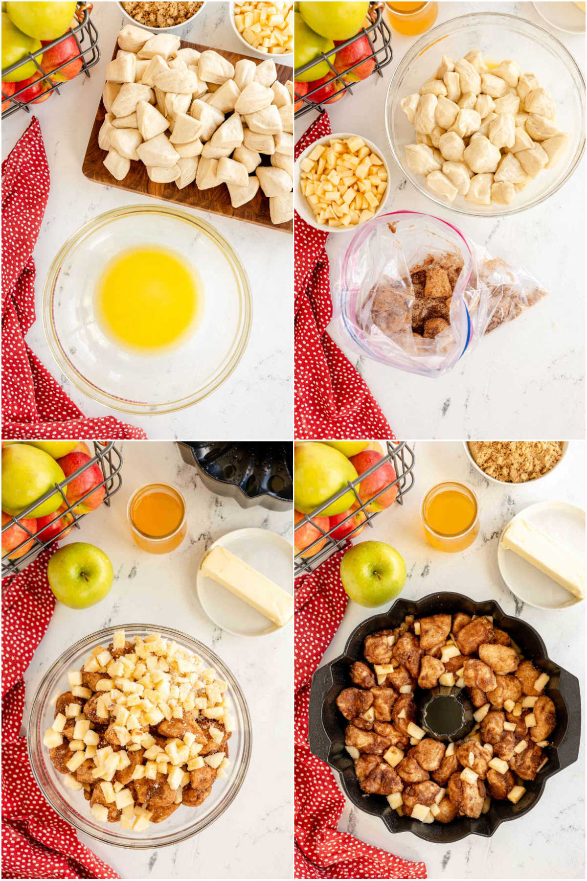 four image collage showing making apple monkey bread