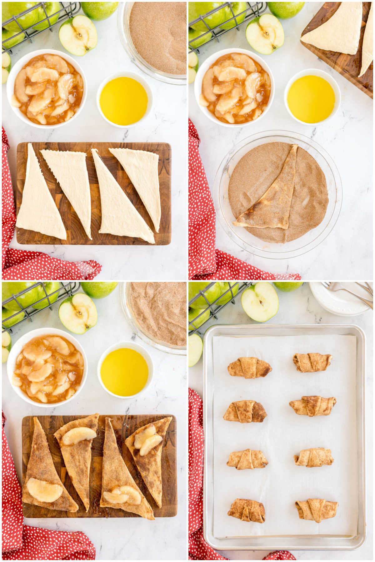 four images in a collage showing making apple turnovers with crescent rolls