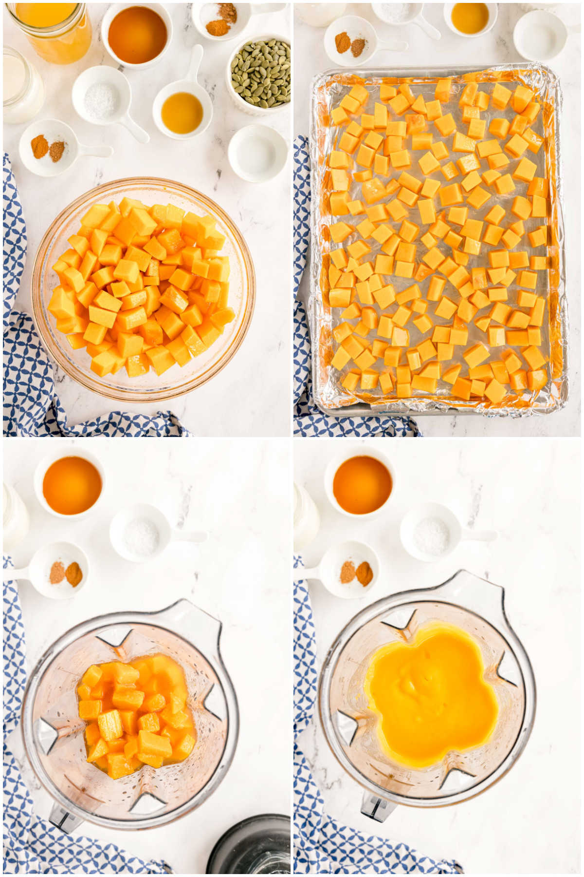 four images showing roasting butternut squash soup and turning it into a soup
