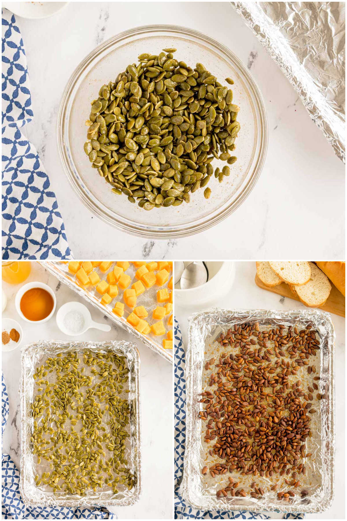 three images showing how to make spiced pepitas for butternut squash soup