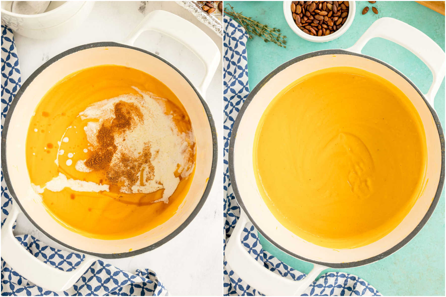 two images showing butternut squash soup being cooked