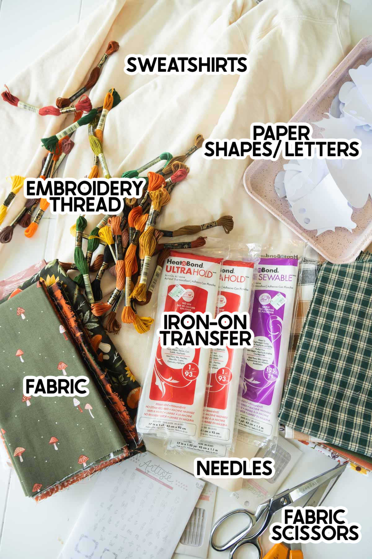 supplies to make custom fabric sweatshirts with labels
