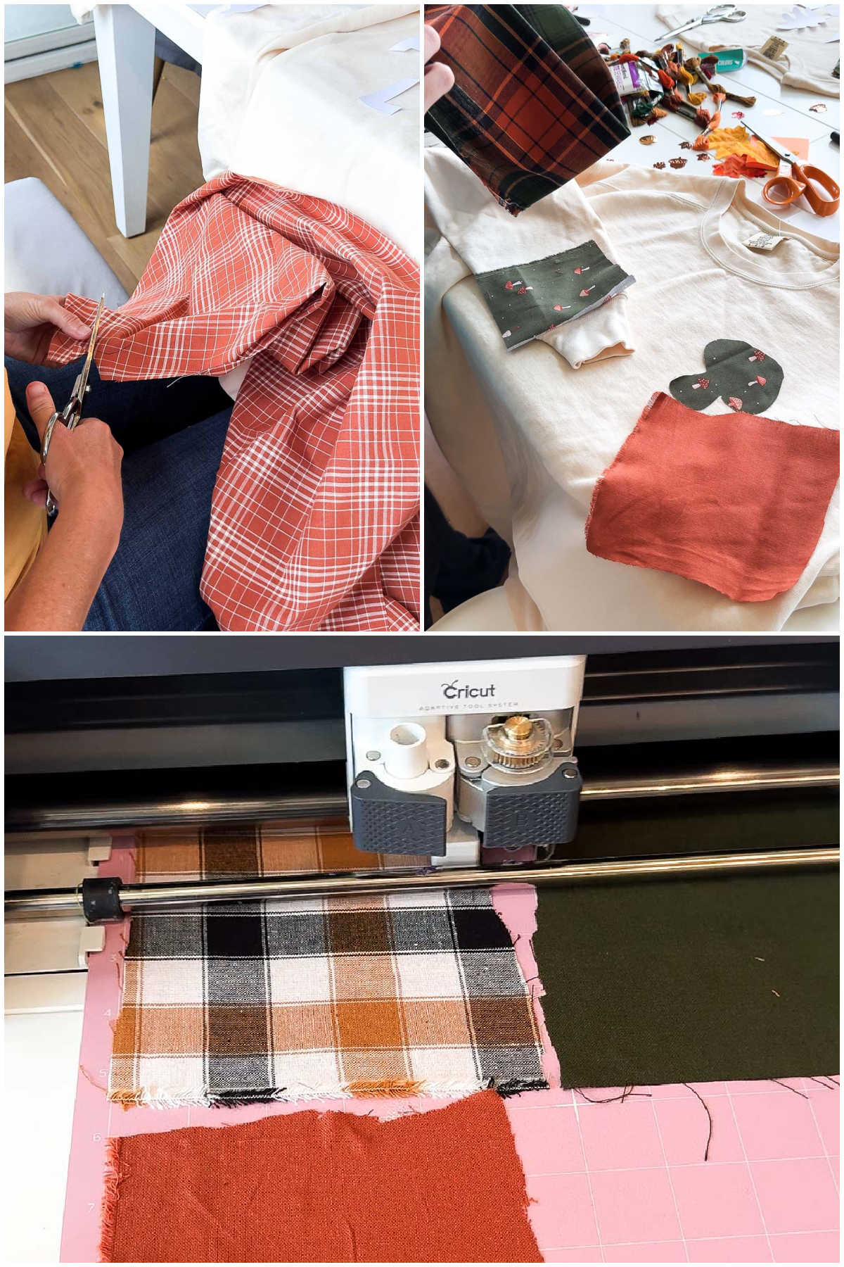 three images showing cutting out fabric letters and shapes