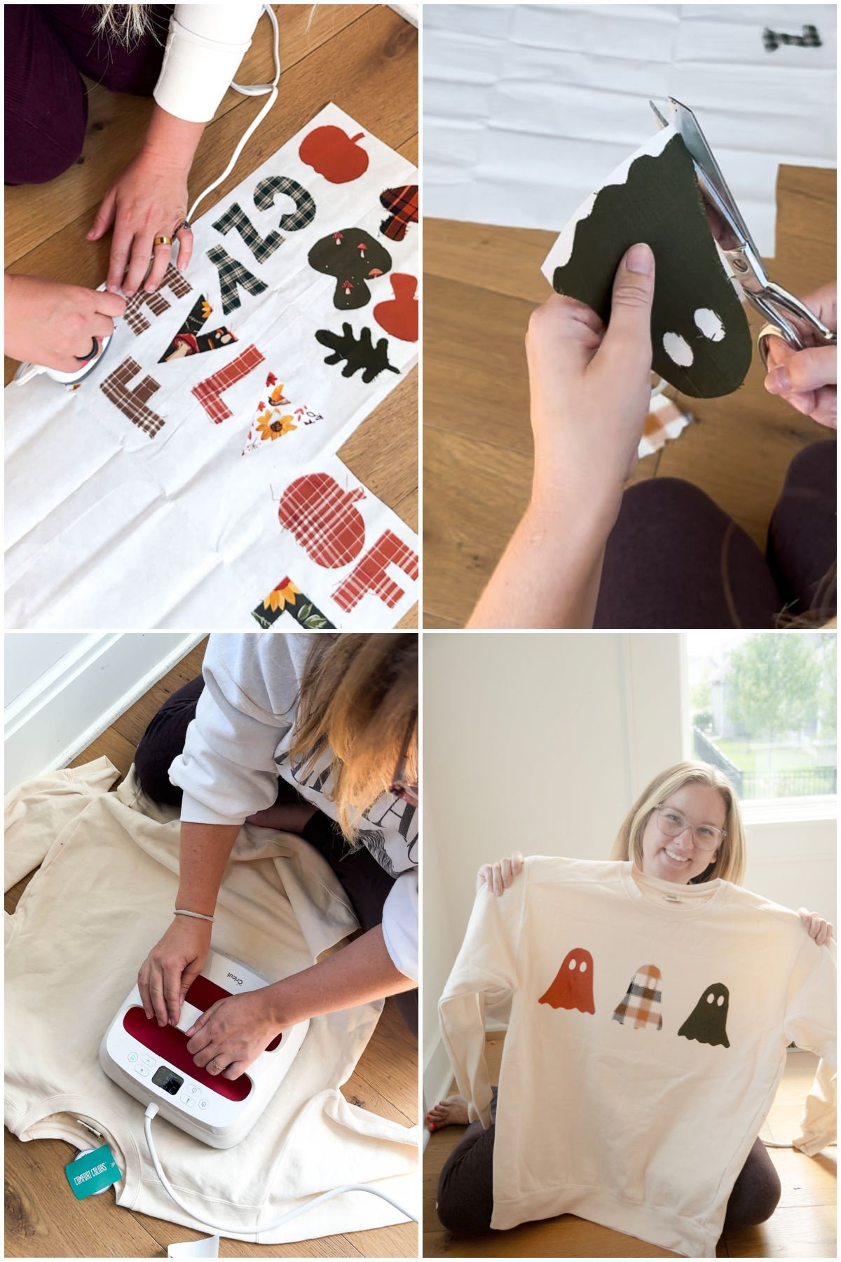 four images showing cutting out fabric shapes and ironing them onto a cozy sweatshirt