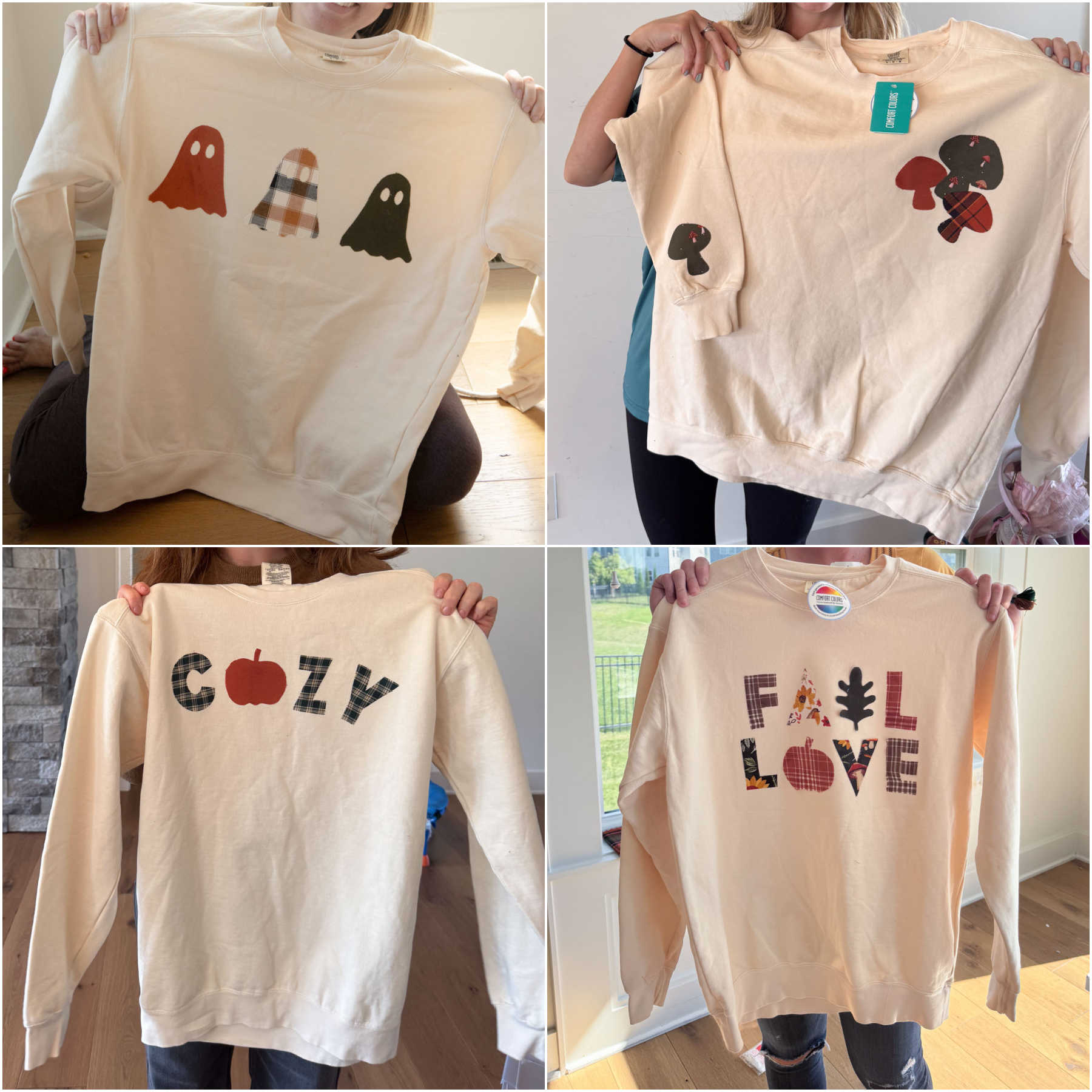 four images showing sweatshirts with fabric messages