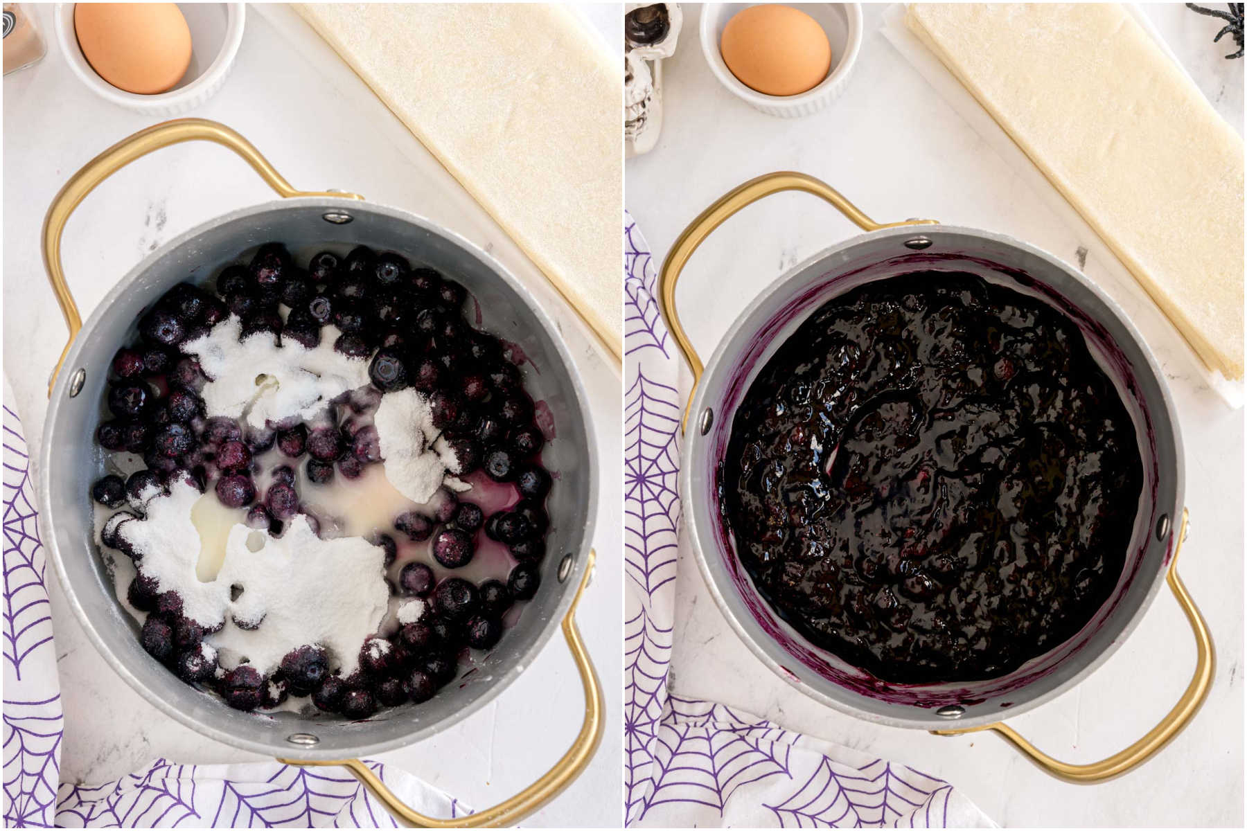 two images showing making a blueberry pie filling