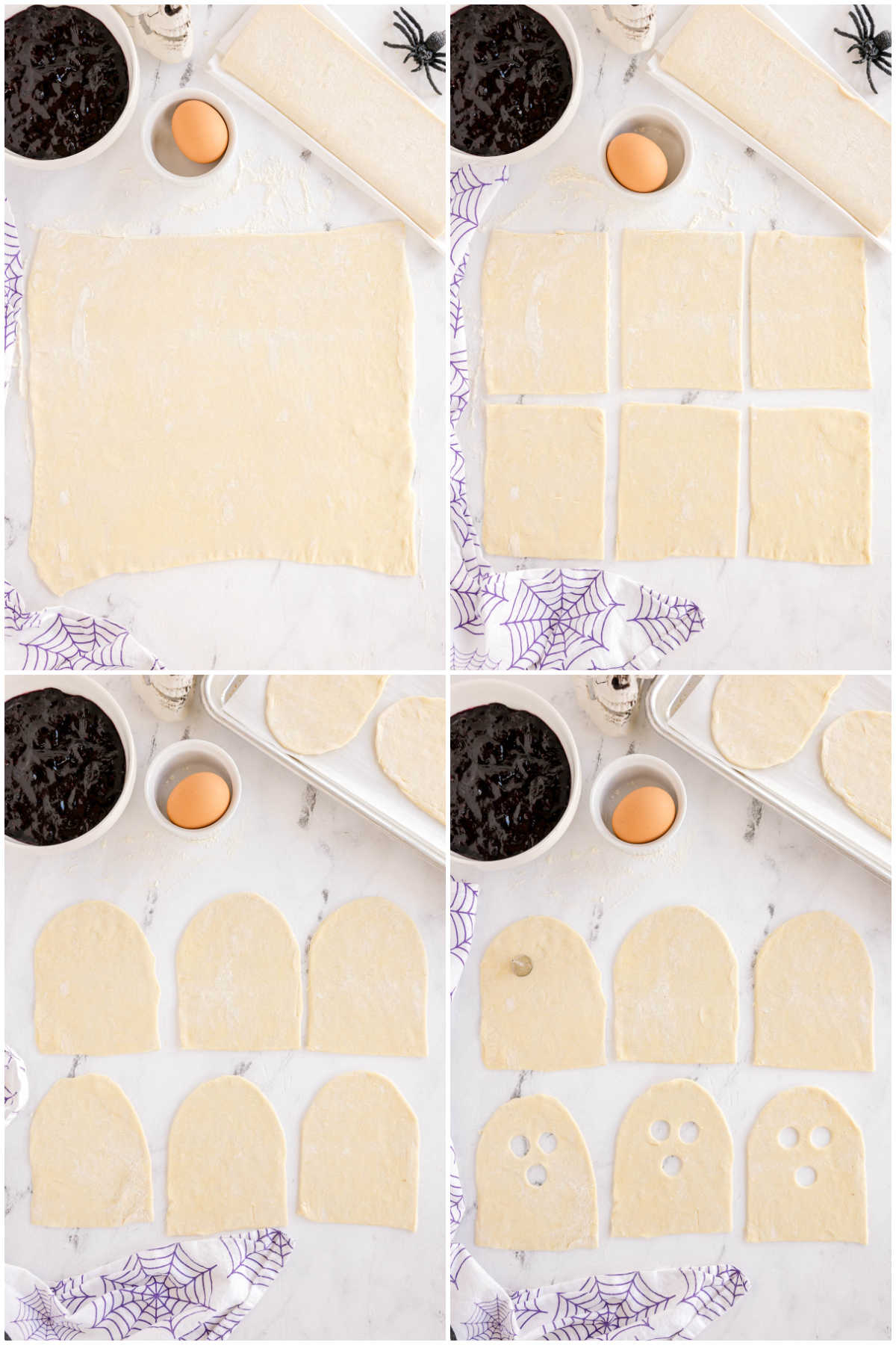four images showing puffy pastry into ghost shapes