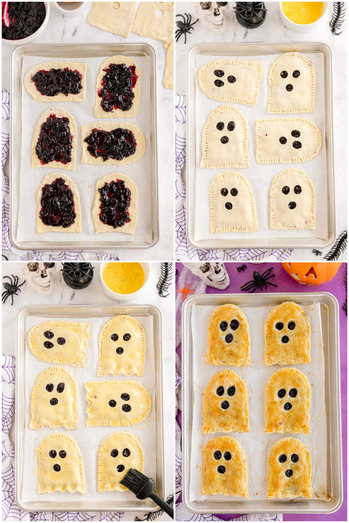 four images showing filling and baking ghost shaped strudels