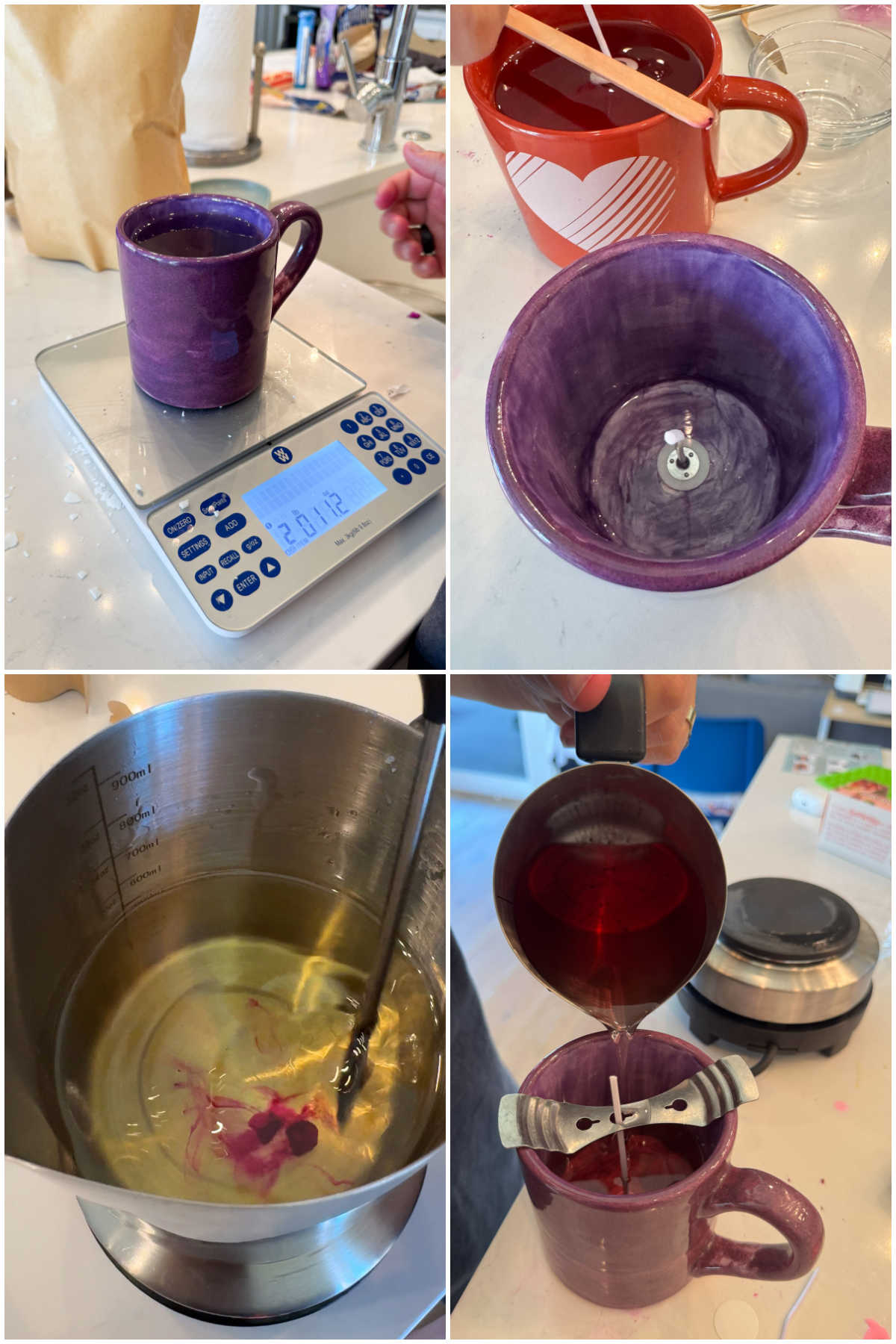 four images showing filling mugs with candle wax